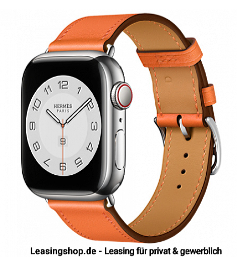 Apple Watch Hermes Series 7 GPS + Cellular leasen, 41 mm oder 45 mm Edelstahlgehäuse Silber, Single Tour Swift-Lederarmband Orange
